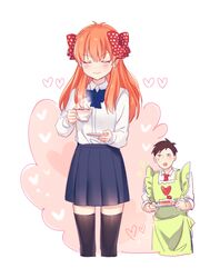  1boy 1girl apfl0515 apron black_hair black_legwear bow cake closed_eyes cup food gekkan_shoujo_nozaki-kun hair_bow heart nozaki_umetarou open_mouth orange_hair pleated_skirt polka_dot polka_dot_bow sakura_chiyo saucer skirt smile teacup thigh-highs 