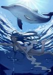  1girl barefoot bikini blue_hair diving dolphin freediving holding_breath long_hair ocean original sarong smile summer sunlight swimming swimsuit underwater 