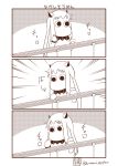  1girl bowl chopsticks comic commentary cosplay covered_mouth highres horns kantai_collection long_hair mittens monochrome moomin moomintroll muppo nagashi_soumen no_humans northern_ocean_hime northern_ocean_hime_(cosplay) sazanami_konami shinkaisei-kan silent_comic simple_background solo translated twitter_username 