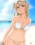  1girl beach bikini bow breasts brown_eyes brown_hair danji_aq hair_bow highres long_hair looking_at_viewer love_live!_school_idol_project midriff minami_kotori outdoors side_ponytail smile solo swimsuit white_bikini white_swimsuit 