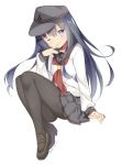  1girl akatsuki_(kantai_collection) anchor_symbol black_hair black_legwear black_skirt commentary_request flat_cap hat kantai_collection long_hair long_sleeves one_eye_closed pantyhose pleated_skirt rei_(rei&#039;s_room) remodel_(kantai_collection) school_uniform serafuku simple_background skirt smile solo twitter_username white_background 