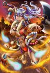  1girl abs ankle_wraps axe barefoot battle_axe beads bottle bracelet dark_skin fantasy highres horns japanese_clothes jewelry long_hair midriff navel oni original sake_bottle silver_hair tribal weapon wrist_wraps 