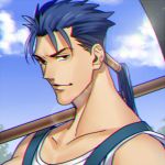  1boy blue_hair fate/stay_night fate_(series) lancer lowres mitsuki_mitsuno overalls ponytail red_eyes solo 