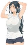  1girl arms_up black_hair breasts cowboy_shot heavy_breathing highres large_breasts long_hair open_mouth original shirt short_shorts short_sleeves shorts simple_background solo tan tanline wet wet_clothes wet_hair wet_shirt white_background yellow_eyes yzh_chan 