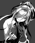  1girl ahoge ao_ebi asashimo_(kantai_collection) grey_background hair_over_one_eye kantai_collection looking_at_viewer monochrome ribbon simple_background smile solo 