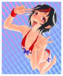  1girl bikini black_hair directional_arrow double_v fangs flat_chest gishu highres horns kijin_seija looking_at_viewer multicolored_hair open_mouth red_eyes short_hair streaked_hair swimsuit tongue tongue_out touhou v 
