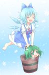  2girls barefoot bell blue_hair bow bucket cirno closed_eyes flying green_eyes green_hair hair_bell hair_bow hair_ornament heart heart-shaped_pupils ice ice_wings kisume mickeysmith multiple_girls open_mouth snowflakes sparkle symbol-shaped_pupils touhou twintails wings 
