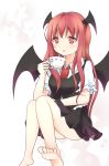  1girl barefoot cup demon_wings head_wings heart heart-shaped_pupils koakuma long_hair mickeysmith necktie red_eyes redhead solo symbol-shaped_pupils teacup touhou wings 