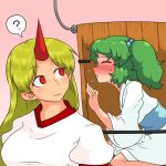  2girls ? blonde_hair blush bucket go_hon_nin green_hair hair_bobbles hair_ornament horn hoshiguma_yuugi in_bucket in_container kisume long_hair multiple_girls red_eyes short_hair touhou twintails yuri 