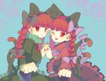  2girls animal_ears bell braid cat_ears cat_tail dual_persona hair_bell hair_ornament hands_together highres kaenbyou_rin kusuke multiple_girls multiple_tails one_eye_closed red_eyes redhead sash tail touhou twin_braids 