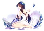  1girl absurdres barefoot breasts brown_hair cleavage dress gradient_eyes highres long_hair looking_at_viewer multicolored_eyes nilitsu one_eye_closed original payot scan sitting solo strap_slip wariza white_dress 