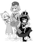  3girls @_@ boots bow cirno clenched_hands crown dress fang flying_sweatdrops front_ponytail frown hair_bobbles hair_bow hair_ornament hand_on_hip hat hood_down hooded_jacket ice ice_wings kagiyama_hina kannazuki_hato kawashiro_nitori key monochrome mouth_hold multiple_girls ribbon rock short_hair sitting skirt standing syringe touhou twintails water wings wristband 