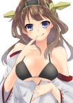  1girl absurdres bikini black_bikini blue_eyes brown_hair collarbone double_bun finger_to_mouth headgear highres kantai_collection kongou_(kantai_collection) licking_lips long_hair looking_at_viewer nontraditional_miko off_shoulder ribbon-trimmed_sleeves ribbon_trim rinto_(rint_rnt) simple_background smile solo swimsuit tongue tongue_out upper_body white_background 