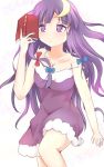  1girl alternate_costume bell book camisole crescent_hair_ornament hair_bell hair_ornament heart heart-shaped_pupils long_hair mickeysmith patchouli_knowledge purple_hair reading solo strap_slip symbol-shaped_pupils touhou violet_eyes 