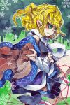  1girl blonde_hair green_eyes highres japanese_clothes kusuke mizuhashi_parsee pointy_ears scarf snowflakes solo touhou traditional_media watercolor_(medium) wavy_mouth 