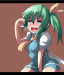  1girl ascot between_legs daiyousei drooling fairy_wings green_eyes green_hair hand_between_legs heavy_breathing highres kuromu_(underporno) naughty_face saliva sexually_suggestive side_ponytail solo touhou wavy_mouth wings 
