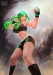  1girl abs bangs bike_shorts blue_eyes borrowed_character breasts cowboy_shot fighting_stance fingerless_gloves foreshortening gloves green_hair highres large_breasts long_hair midriff mixed_martial_arts muscle navel neon_trim nose original paiple-r parted_bangs socks solo sports_bra 