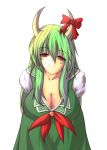  1girl breasts cleavage downblouse dress ex-keine green_dress green_hair hair_ornament hat horns kamishirasawa_keine large_breasts leaning_forward long_hair mebusu pose pov red_eyes smile solo touhou 