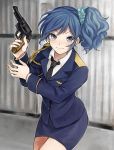  aikatsu! blue_eyes blue_hair gun handgun kiriya_aoi kurodeko necktie pistol police police_uniform side_ponytail skirt uniform weapon 