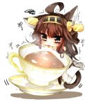  1girl ahoge animal_ears bare_shoulders brown_hair cat_ears cat_tail chibi cup detached_sleeves headgear kaenuco kantai_collection kemonomimi_mode kongou_(kantai_collection) long_hair nontraditional_miko saucer solo tail tea teacup tongue tongue_out trembling 
