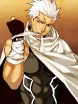  1boy archer bandages cape fate/stay_night fate_(series) fingerless_gloves gloves mitsuki_mitsuno sleeveless solo white_hair 