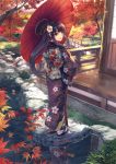  1girl absurdres autumn autumn_leaves blue_eyes brown_hair floral_print flower from_behind hair_flower hair_ornament highres hiiro_yuki japanese_clothes kimono leaf lips long_hair looking_at_viewer looking_back open_mouth oriental_umbrella original payot pond ponytail reflection ribbon rock sandals scan solo tabi tree umbrella veranda water 