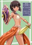  armor ass assal_(sennen_sensou_aigis) bikini_armor brown_eyes brown_hair from_behind highres loincloth looking_back no_panties sennen_sensou_aigis shield short_hair small_breasts smile sword weapon 