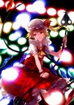  1girl ascot blonde_hair danmaku dress flandre_scarlet hat hat_ribbon highres hug_(artist) laevatein looking_at_viewer mob_cap open_mouth red_dress red_eyes ribbon side_ponytail solo spell touhou wings wrist_cuffs 