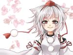  1girl animal_ears blush breasts detached_sleeves hat inubashiri_momiji looking_at_viewer pom_pom_(clothes) red_eyes ribbon-trimmed_sleeves ribbon_trim short_hair silver_hair smile solo tail tears tokin_hat touhou white_background wolf_ears 