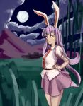 1girl animal_ears backlighting bamboo clouds expressionless field formerly full_moon grass hand_on_hip long_hair looking_at_viewer looking_to_the_side moon mountain necktie night night_sky puffy_short_sleeves puffy_sleeves purple_hair purple_skirt rabbit_ears red_eyes reisen_udongein_inaba short_sleeves skirt sky solo standing thighs tie_clip touhou very_long_hair wind 