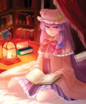  1girl book book_stack bookshelf candle capelet crescent_hair_ornament double_bun dress faux_traditional_media hair_ornament hair_ribbon highres lantern light_smile lips long_hair looking_at_viewer mob_cap open_book patchouli_knowledge purple_hair ribbon robe sa_haru sitting solo striped striped_dress touhou tress_ribbon violet_eyes wariza 