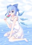 absurdres alternate_costume blue_bow blue_eyes blue_hair blush bow cirno dress food hair_bow highres ice ice_wings looking_at_viewer nugi_(armenci) popsicle sitting touhou water watermelon_bar wings 