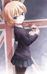  1girl blonde_hair blue_eyes braid character_name cup darjeeling girls_und_panzer highres outsider_0 pantyhose revision short_hair skirt solo tea teacup union_jack 