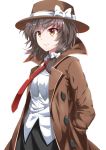  1girl bow brown_eyes brown_hair coat e.o. hair_bow hands_in_pockets hat highres necktie ribbon shirt short_hair simple_background skirt solo touhou usami_renko white_background wind 