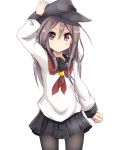  1girl akatsuki_(kantai_collection) akatsuki_(kantai_collection)_(cosplay) amano_kouki anchor_symbol black_legwear black_skirt brown_hair flat_cap hat highres kantai_collection long_hair long_sleeves neckerchief pantyhose pleated_skirt remodel_(kantai_collection) school_uniform serafuku skirt solo zuihou_(kantai_collection) 