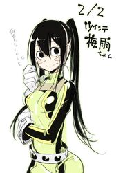  1girl :&gt; alternate_hairstyle asui_tsuyu belt black_eyes black_hair blush bodysuit boku_no_hero_academia character_name gloves highres long_hair simple_background solo twintails white_background white_gloves ze_(sawakihein) 