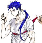  1boy blue_hair fate/hollow_ataraxia fate/stay_night fate_(series) gae_bolg lancer long_hair pectorals polearm ponytail red_eyes rei_no_himo solo spear syuhei210 weapon 