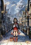  1girl akizone architecture basket blonde_hair blush boots bow cape city cityscape clouds fantasy floating_island head_tilt hood lamppost light_particles long_hair original petals railing red_eyes road scenery skirt sky solo sunlight wind 