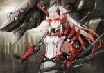  black_gloves demon_horns extra_eyes gauntlets gloves headphones horns kai_(hokkaido) mecha_musume medallion multicolored_hair original prosthesis prosthetic_arm red_eyes redhead robot_joints sheath sheathed spiked_shoulders sword teeth vambraces weapon white_hair white_skin 