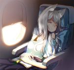  1girl airplane airplane_interior animal_ears bad_id book closed_eyes glasses hong_(white_spider) long_hair original pillow rimless_glasses silver_hair sitting sleeping solo wolf_ears 