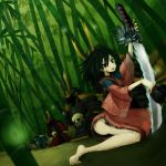  1girl armor bamboo bamboo_forest barefoot black_hair blood blood_on_face dirty forest grass ichi_hachi_rei_rei japanese_clothes katana kimono nature no_panties sword torn_clothes weapon 