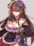  1girl aosaki_yukina black_gloves breasts brown_hair choker cleavage detached_sleeves dress flower gloves granblue_fantasy grey_background hair_between_eyes hair_flower hair_ornament hand_on_hip long_hair payot rosetta_(granblue_fantasy) simple_background smile solo thorns 