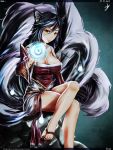  1girl ahri animal_ears black_hair breasts cleavage eru_(9878622) facial_mark fox_ears fox_tail highres league_of_legends long_hair multiple_tails solo tail whisker_markings yellow_eyes 