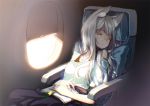  1girl airplane airplane_interior animal_ears book closed_eyes glasses hong_(white_spider) long_hair original pillow revision rimless_glasses silver_hair sitting sleeping solo wolf_ears 