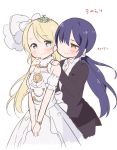  2girls armband ayase_eli bangs blue_eyes blue_hair blush bow bracelet breasts brown_eyes cleavage dress formal hair_bow hair_down hands_on_another&#039;s_shoulders jewelry long_hair long_ponytail love_live!_school_idol_project multiple_girls sash scrunchie sonoda_umi suit tiara ususa70 wedding_dress white_background yuri 