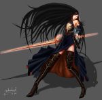  1girl armor bare_shoulders black_hair blue_eyes boots bridal_gauntlets castlevania castlevania:_order_of_ecclesia highres long_hair shanoa solo tattoo thigh-highs thigh_boots very_long_hair weapon zebrahead 