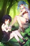  2girls :t bare_shoulders black_hair blue_hair blush boots choker dress eating food garter_straps gloves hair_ribbon highres jacket_on_shoulders kuro_(kuronell) lace-trimmed_gloves long_hair looking_at_viewer luthica_preventer midriff mole multiple_girls navel onigiri parted_lips potion ribbon shirt short_hair shorts sita_vilosa sitting strapless_dress sweat sword_girls thigh-highs tied_shirt twintails white_gloves white_legwear yellow_eyes 