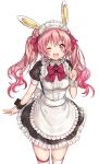  1girl animal_ears apron blush frills highres long_hair madogawa maid maid_headdress official_art one_eye_closed open_mouth original pink_eyes pink_hair rabbit_ears smile solo thigh-highs twintails wrist_cuffs 