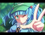  1girl anime_coloring aqua_eyes blue_dress blue_hair blurry depth_of_field dress face hair_bobbles hair_ornament hat kawashiro_nitori letterboxed looking_at_viewer oimo_(imoyoukan) one_eye_closed pose smile solo touhou twintails upper_body 
