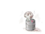  brown_hair colored_pencil_(medium) commentary_request cup drum_(container) gomasamune kantai_collection mutsuki_(kantai_collection) short_hair sitting sketch smile traditional_media translation_request 